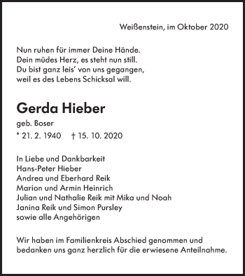 Traueranzeige von Gerda Hieber von NWZ Neue Württembergische Zeitung