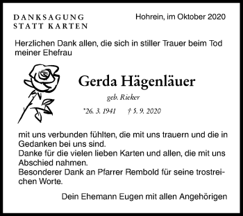 Traueranzeige von Gerda Hägenläuer von NWZ Neue Württembergische Zeitung