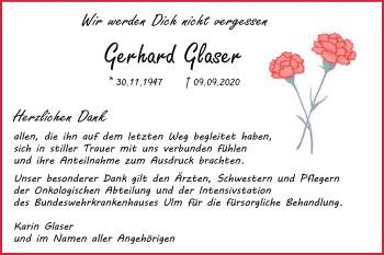 Traueranzeige von Gerhard Glaser von SÜDWEST PRESSE Ausgabe Ulm/Neu-Ulm