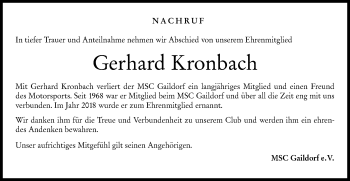 Traueranzeige von Gerhard Kronbach von Rundschau Gaildorf