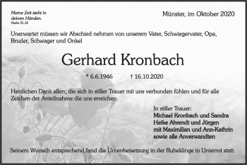 Traueranzeige von Gerhard Kronbach von Rundschau Gaildorf