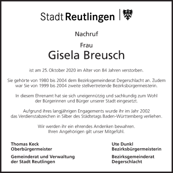 Traueranzeige von Gisela Breusch von Metzinger-Uracher Volksblatt