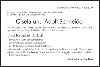 Traueranzeige von Gisela Schneider von Rundschau Gaildorf