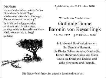 Traueranzeige von Gotlinde Tanne Baronin von Keyserlingk von Alb-Bote/Metzinger-Uracher Volksblatt