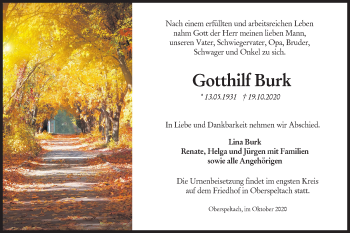 Traueranzeige von Gotthilf Burk von Hohenloher Tagblatt