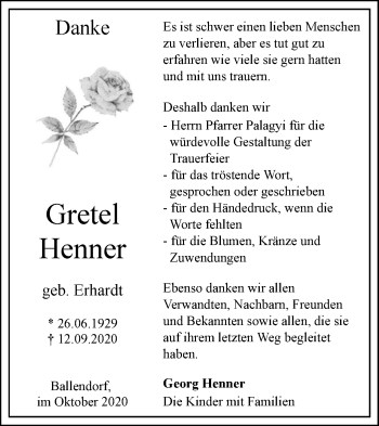 Traueranzeige von Gretel Henner von SÜDWEST PRESSE Ausgabe Ulm/Neu-Ulm