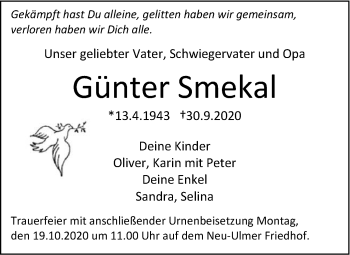 Traueranzeige von Günter Smekal von SÜDWEST PRESSE Ausgabe Ulm/Neu-Ulm