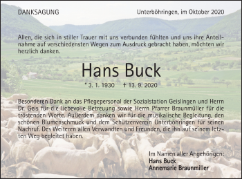 Traueranzeige von Hans Buck von Geislinger Zeitung