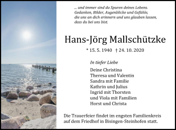 Traueranzeige von Hans-Jörg Mallschützke von Hohenzollerische Zeitung