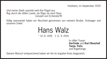 Traueranzeige von Hans Walz von NWZ Neue Württembergische Zeitung