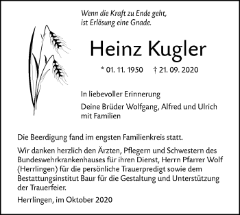 Traueranzeige von Heinz Kugler von SÜDWEST PRESSE Ausgabe Ulm/Neu-Ulm