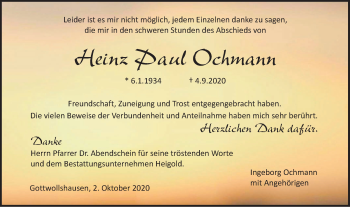 Traueranzeige von Heinz Paul Ochmann von Haller Tagblatt