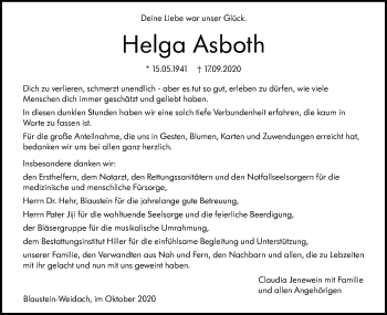 Traueranzeige von Helga Asboth von SÜDWEST PRESSE Ausgabe Ulm/Neu-Ulm