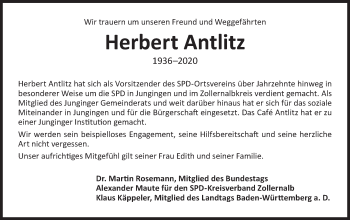 Traueranzeige von Herbert Antlitz von Hohenzollerische Zeitung