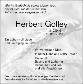 Traueranzeige von Herbert Golley von SÜDWEST PRESSE Ausgabe Ulm/Neu-Ulm