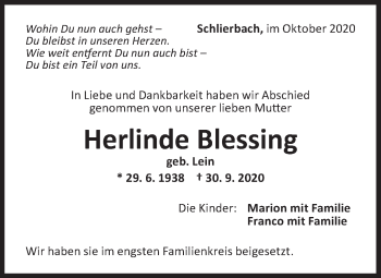 Traueranzeige von Herlinde Blessing von NWZ Neue Württembergische Zeitung