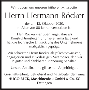 Traueranzeige von Hermann Röcker von Metzinger-Uracher Volksblatt