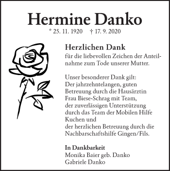 Traueranzeige von Hermine Danko von Geislinger Zeitung