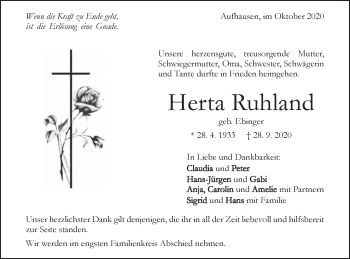 Traueranzeige von Herta Ruhland von Geislinger Zeitung