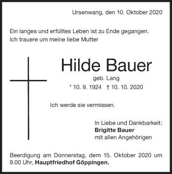 Traueranzeige von Hilde Bauer von NWZ Neue Württembergische Zeitung