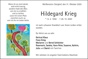 Traueranzeige von Hildegard Krieg von NWZ Neue Württembergische Zeitung/Geislinger Zeitung