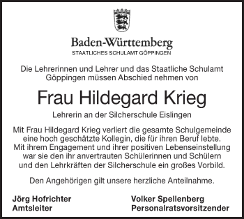 Traueranzeige von Hildegard Krieg von NWZ Neue Württembergische Zeitung