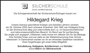 Traueranzeige von Hildegard Krieg von NWZ Neue Württembergische Zeitung