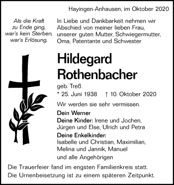 Traueranzeige von Hildegard Rothenbacher von Alb-Bote/Metzinger-Uracher Volksblatt