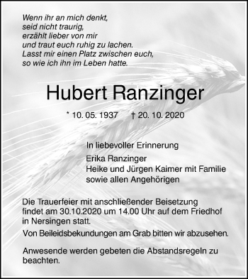 Traueranzeige von Hubert Ranzinger von SÜDWEST PRESSE Ausgabe Ulm/Neu-Ulm