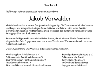 Traueranzeige von Jakob Vorwalder von SÜDWEST PRESSE Ausgabe Ulm/Neu-Ulm