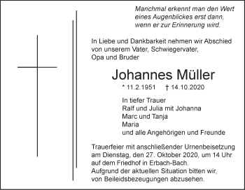 Traueranzeige von Johannes Müller von SÜDWEST PRESSE Ausgabe Ulm/Neu-Ulm