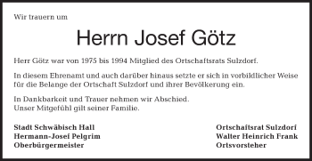 Traueranzeige von Josef Götz von Haller Tagblatt