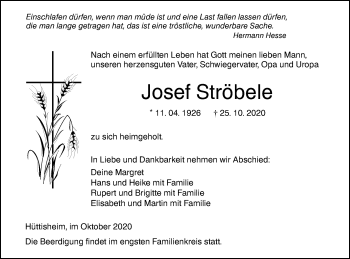 Traueranzeige von Josef Ströbele von SÜDWEST PRESSE Ausgabe Ulm/Neu-Ulm