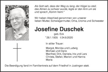 Traueranzeige von Josefine Duschek von Ehinger Tagblatt