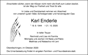 Traueranzeige von Karl Enderle von Ehinger Tagblatt