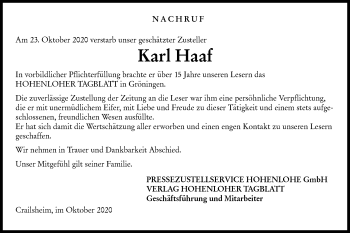 Traueranzeige von Karl Haaf von Hohenloher Tagblatt