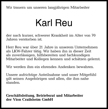 Traueranzeige von Karl Reu von Hohenloher Tagblatt