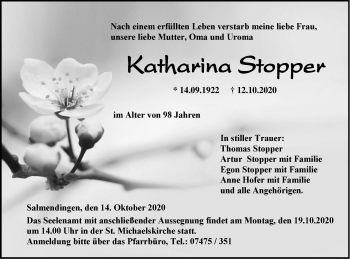 Traueranzeige von Katharina Stopper von Hohenzollerische Zeitung