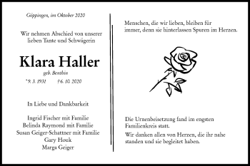 Traueranzeige von Klara Haller von NWZ Neue Württembergische Zeitung