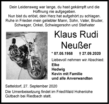 Traueranzeige von Klaus Rudi Neußer von Hohenloher Tagblatt