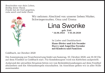 Traueranzeige von Lina Swonke von Hohenloher Tagblatt