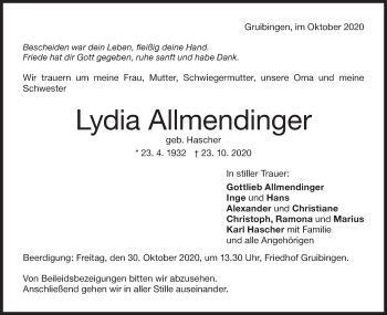 Traueranzeige von Lydia Allmendinger von NWZ Neue Württembergische Zeitung