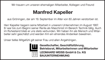 Traueranzeige von Manfred Kapeller von Hohenloher Tagblatt