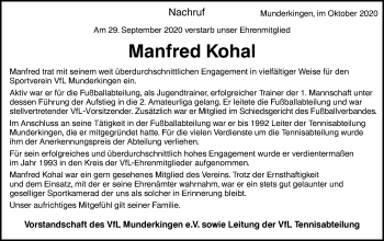 Traueranzeige von Manfred Kohal von Ehinger Tagblatt