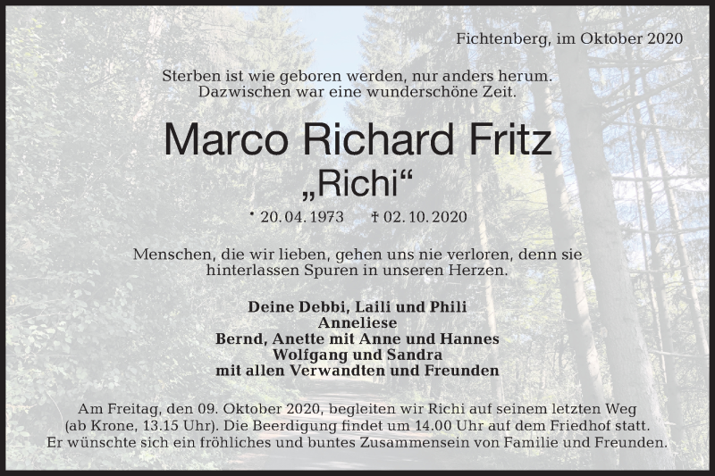  Traueranzeige für Marco Richard Fritz vom 07.10.2020 aus Haller Tagblatt