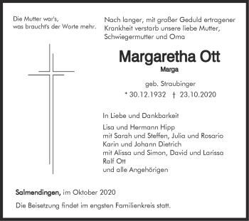 Traueranzeige von Margaretha Ott von Hohenzollerische Zeitung