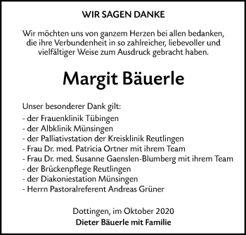 Traueranzeige von Margit Bäuerle von Alb-Bote/Metzinger-Uracher Volksblatt