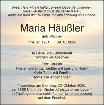 Traueranzeige von Maria Häußler von SÜDWEST PRESSE Ausgabe Ulm/Neu-Ulm