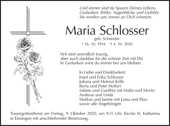 Traueranzeige von Maria Schlosser von SÜDWEST PRESSE Ausgabe Ulm/Neu-Ulm