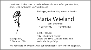 Traueranzeige von Maria Wieland von Haller Tagblatt